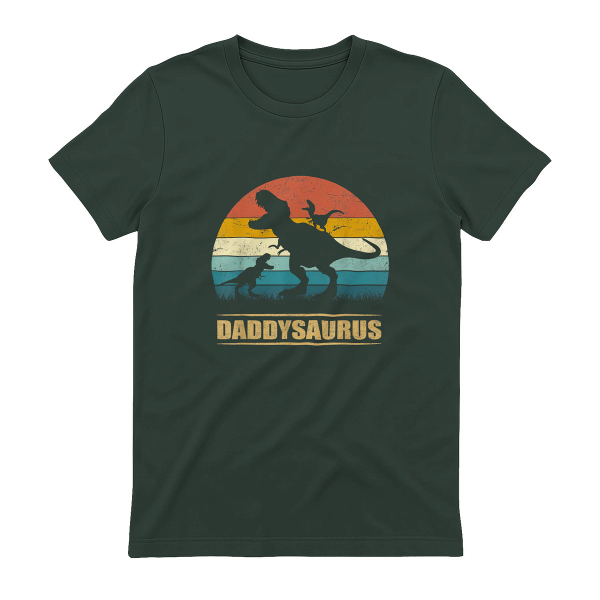 Daddy Dinosaur Daddysaurus Two Kids Funny Father's Day T-Shirt in Forest Green - back view