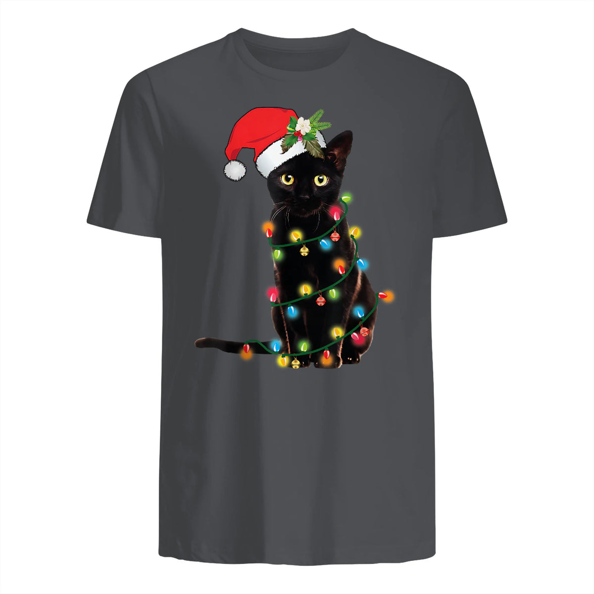 Santa Black Cat Tangled Up In Christmas Tree Lights Holiday in Charcoal - back view