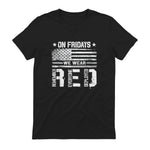 On Friday We Wear Red American Flag Military Supportive T-Shirt in Black - back view