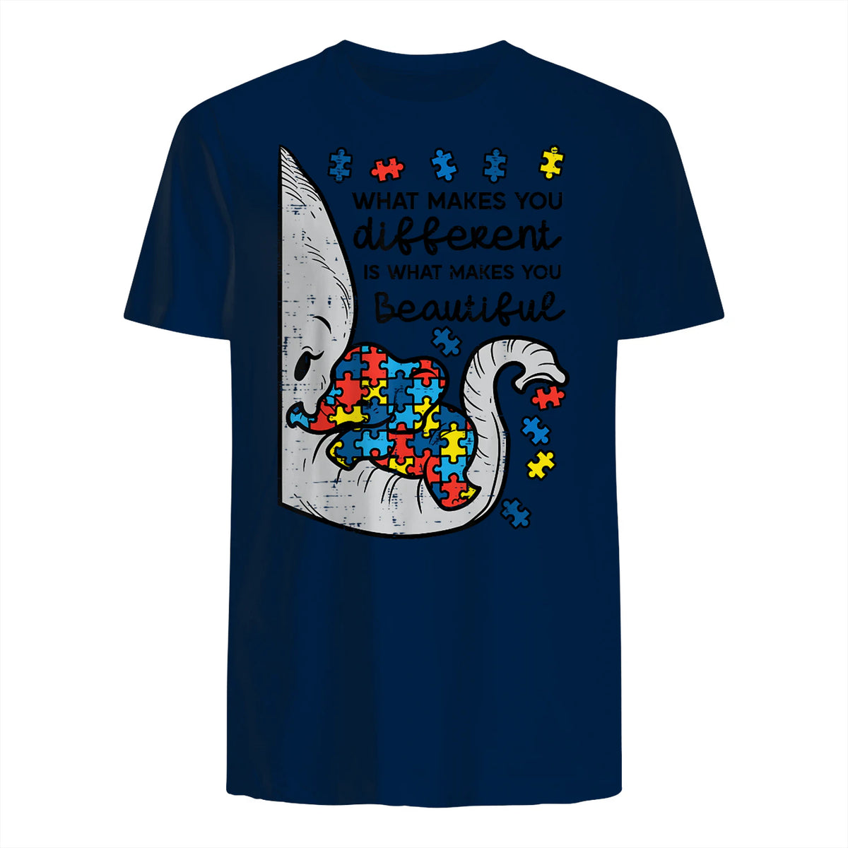 What Makes You Different Autism Awareness T-Shirt in Navy - back view