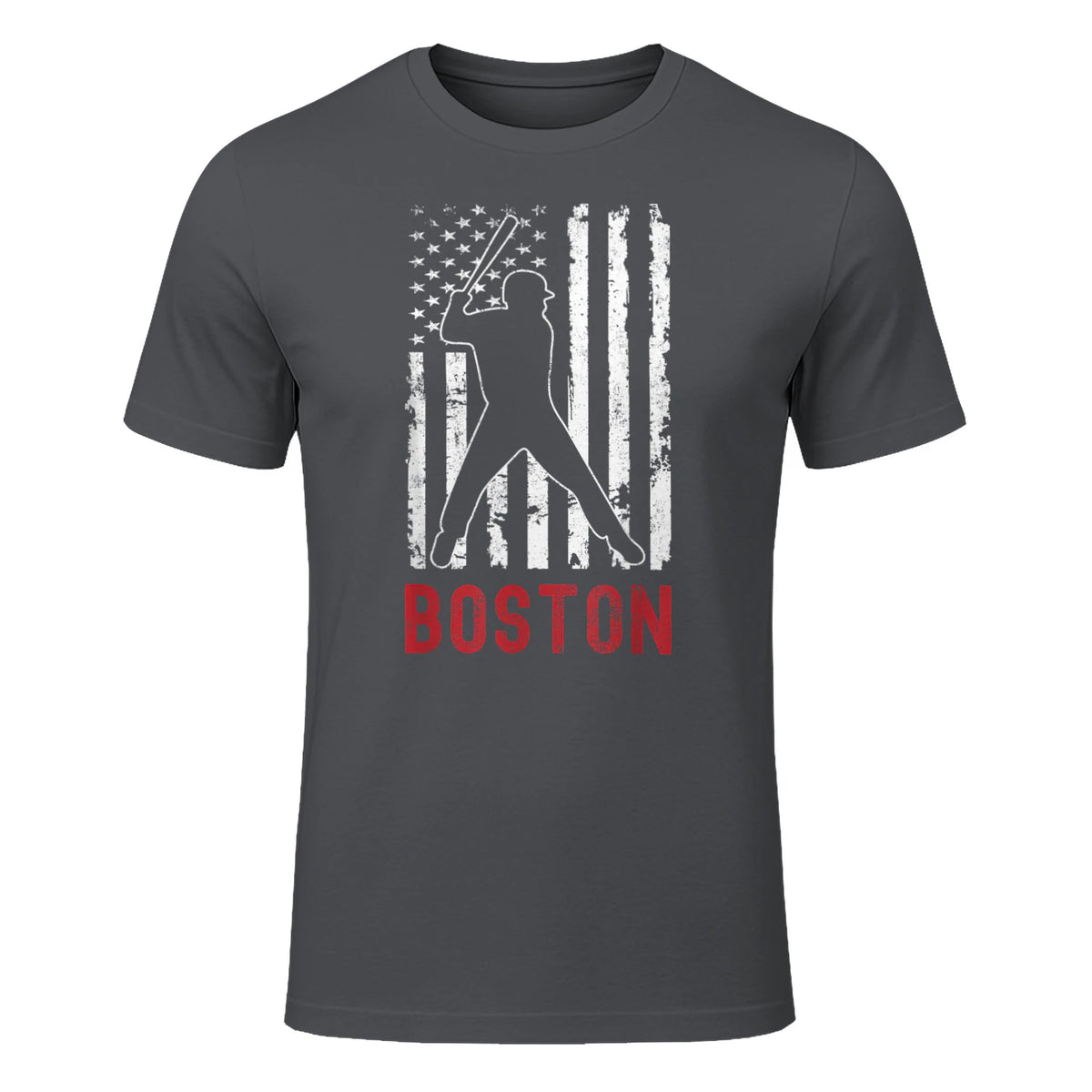 Boston Massachusetts American Flag Baseball Weathered T-Shirt in Charcoal - front view