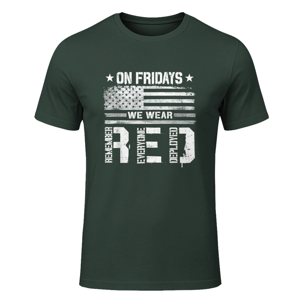 On Friday We Wear Red American Flag Military Supportive T-Shirt in Forest Green - front view