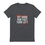 Hit Hard Run Fast Turn Left Funny Baseball Player & Fan T-Shirt in Charcoal - back view