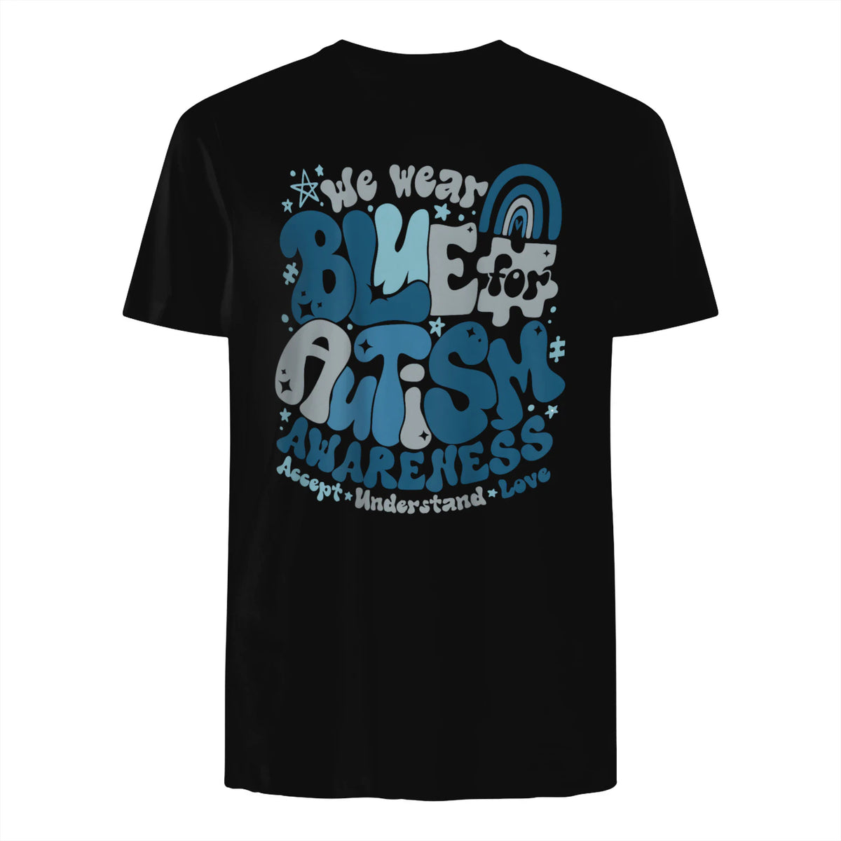 In April We Wear Blue Autism Awareness T-Shirt in Black - back view
