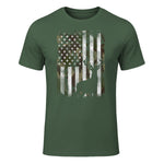 Camo US Flag Deer Elk Buck Camoflage Hunting Hunter Dad Gift Short Sleeve in Military Green - front view