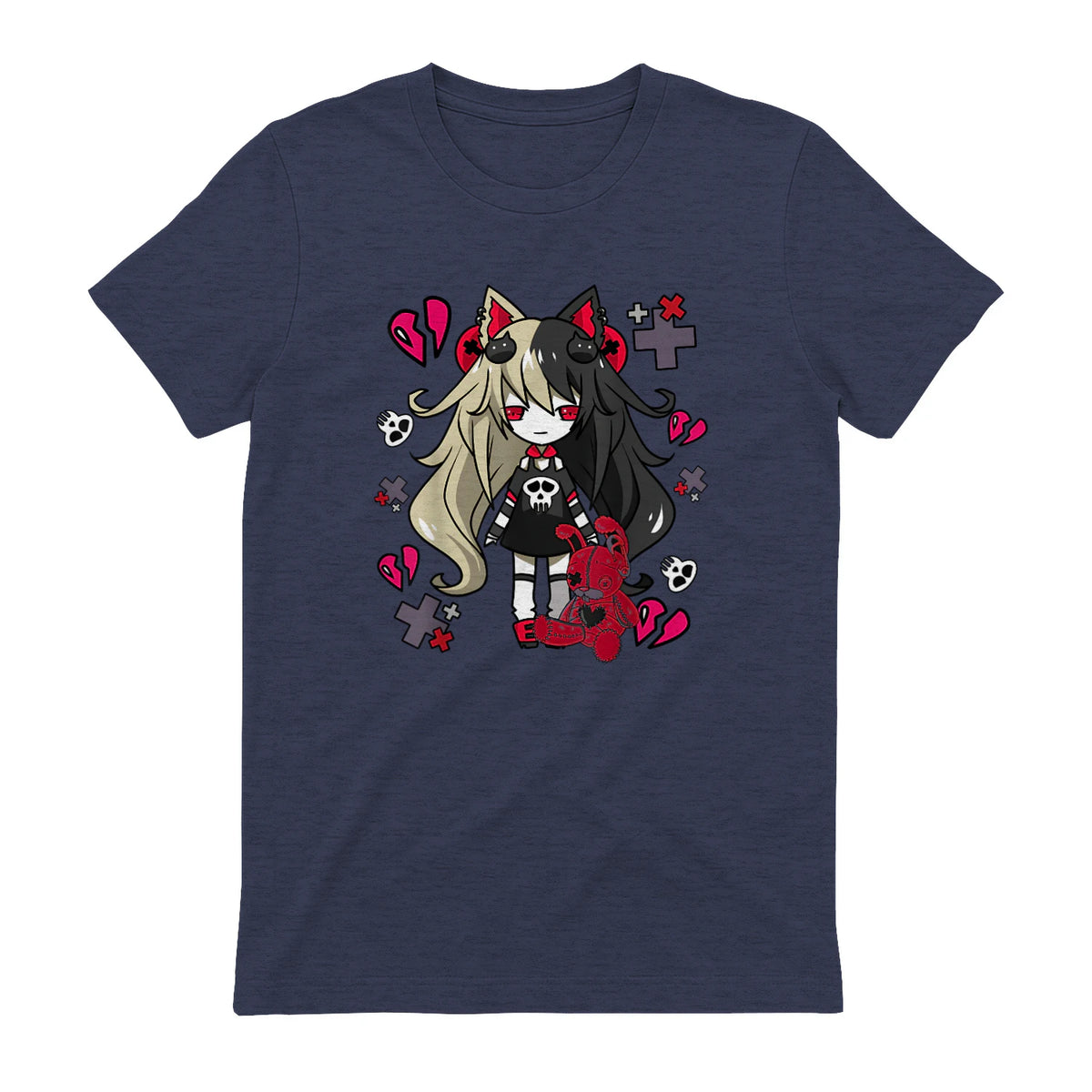 Chibi Kawaii Emo Pastel Goth Girl with Sad Bunny in Heather Navy - back view