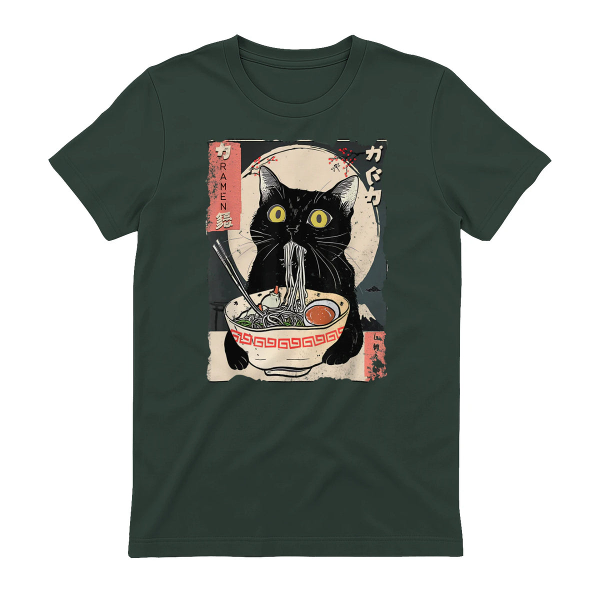 Kawaii Cat Eating Ramen Noodles Funny Anime Gift Girls Teens T-Shirt in Forest Green - back view