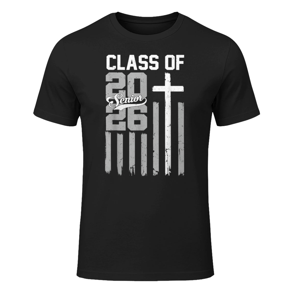 Senior Class of 2026 Christian American Flag 2026 Graduation T-Shirt in Black - front view