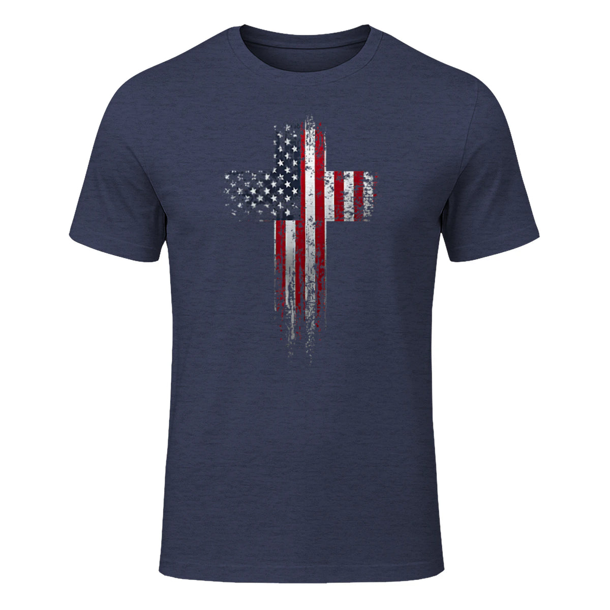 American USA Flag Christian Cross T-Shirt in Heather Navy - front view