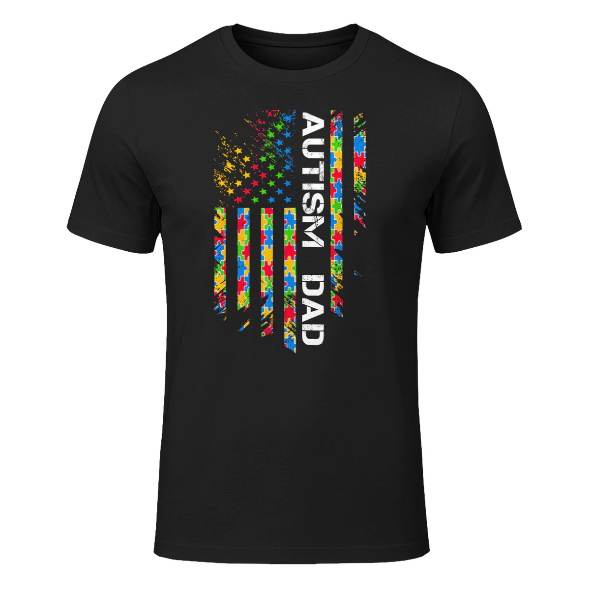 Autism Dad Awareness American Flag USA T-Shirt in Black - front view