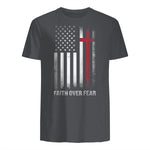 Christian US USA Flag American Christ Faith Over Fear Cross T-Shirt in Charcoal - back view