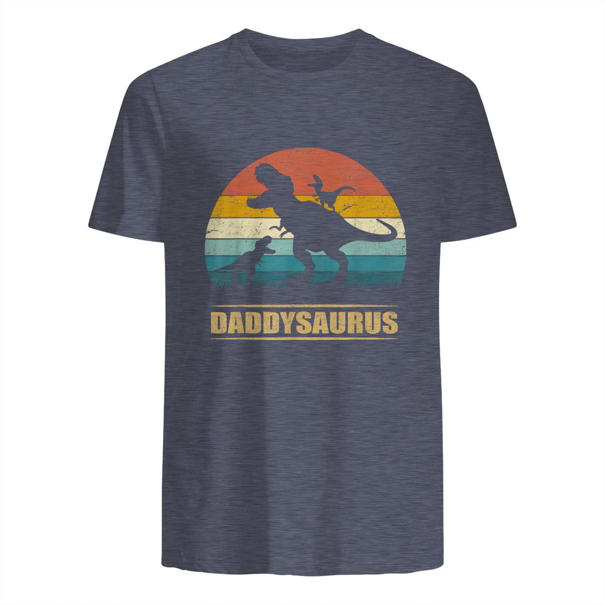 Daddy Dinosaur Daddysaurus Two Kids Funny Father's Day T-Shirt in Heather Navy - back view