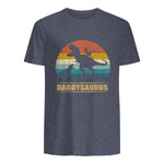 Daddy Dinosaur Daddysaurus Two Kids Funny Father's Day T-Shirt in Heather Navy - back view
