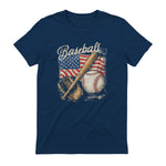 American Flag Baseball Player Bat Fan Catcher Pitcher USA T-Shirt in Navy - back view