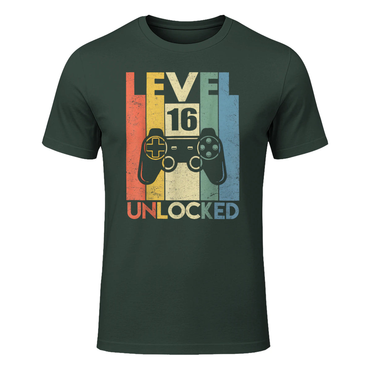 Level Sixteen Unlocked Video Gamer Birthday T-Shirt in Forest Green - front view
