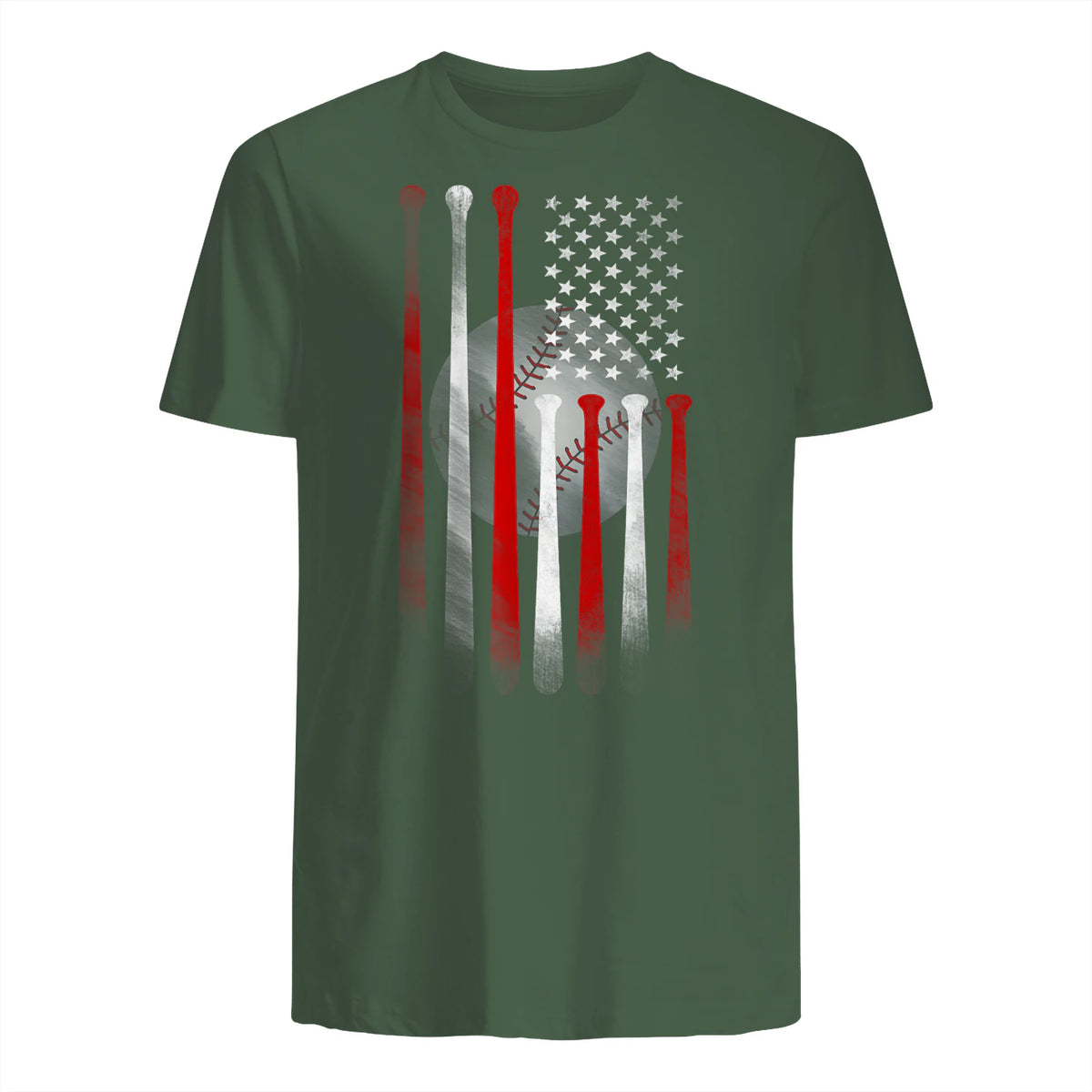 Vintage Baseball American Flag T-Shirt, Classic Fit Black Tee for Dad and Mom in Military Green - back view