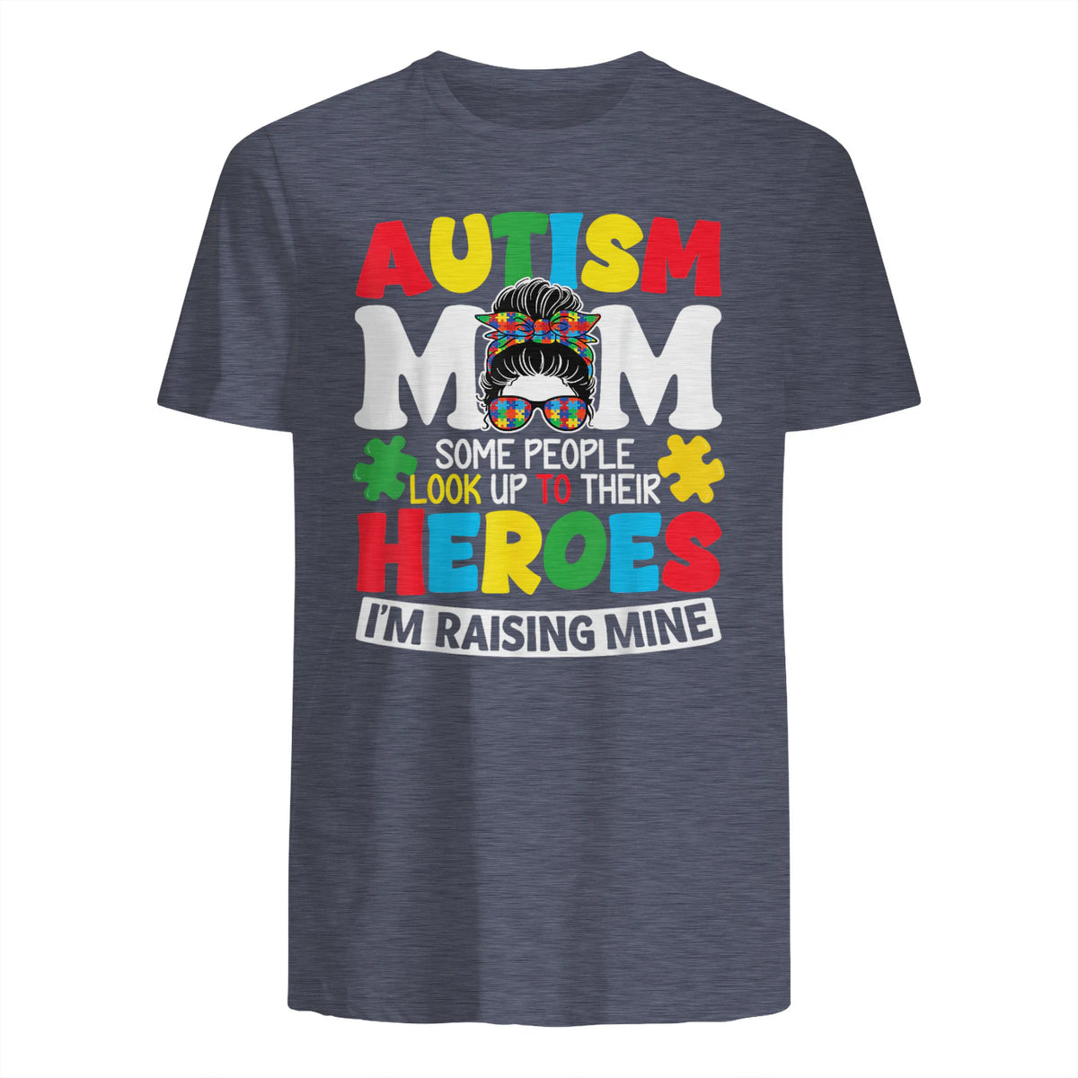 Autism Mom Raising Hero Messy Bun Autism Awareness in Heather Navy - back view