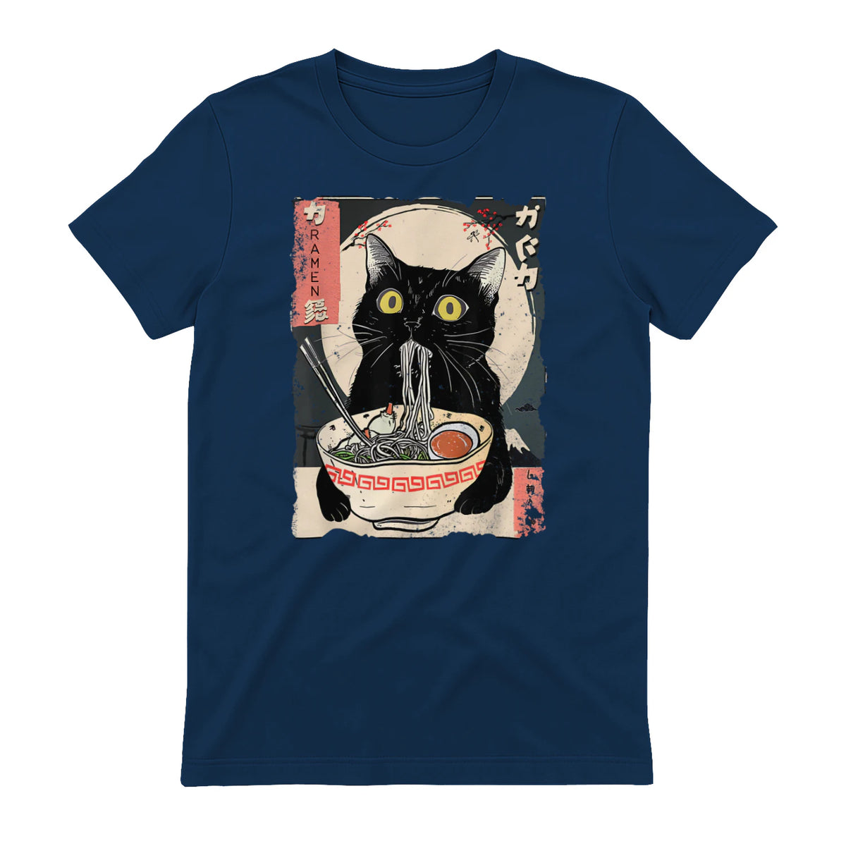 Kawaii Cat Eating Ramen Noodles Funny Anime Gift Girls Teens T-Shirt in Navy - back view