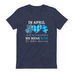 In April We Wear Blue Autism Awareness T-Shirt in Heather Navy - back view