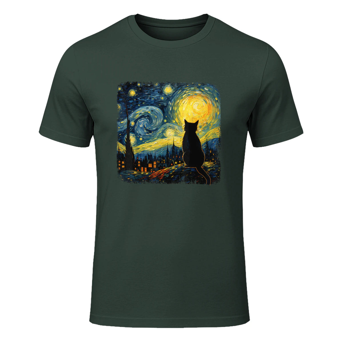 Starry Night Cat Lover T-Shirt in Forest Green - front view