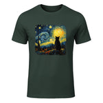 Starry Night Cat Lover T-Shirt in Forest Green - front view