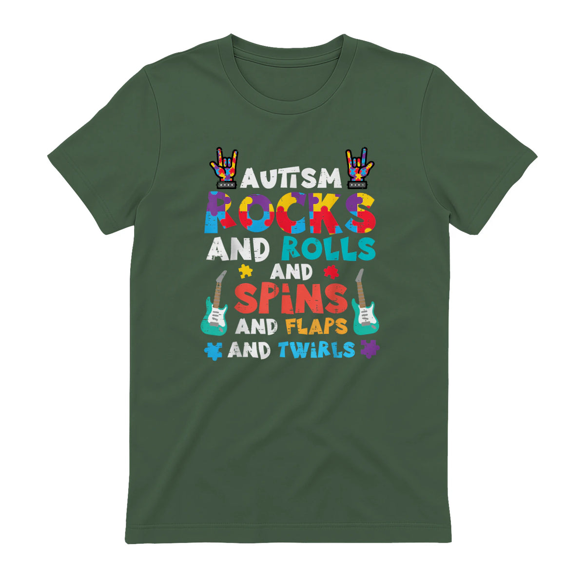 Autism Rocks Rolls Spins Flaps Awareness Boys Kids Women Men in Military Green - back view