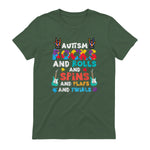 Autism Rocks Rolls Spins Flaps Awareness Boys Kids Women Men in Military Green - back view