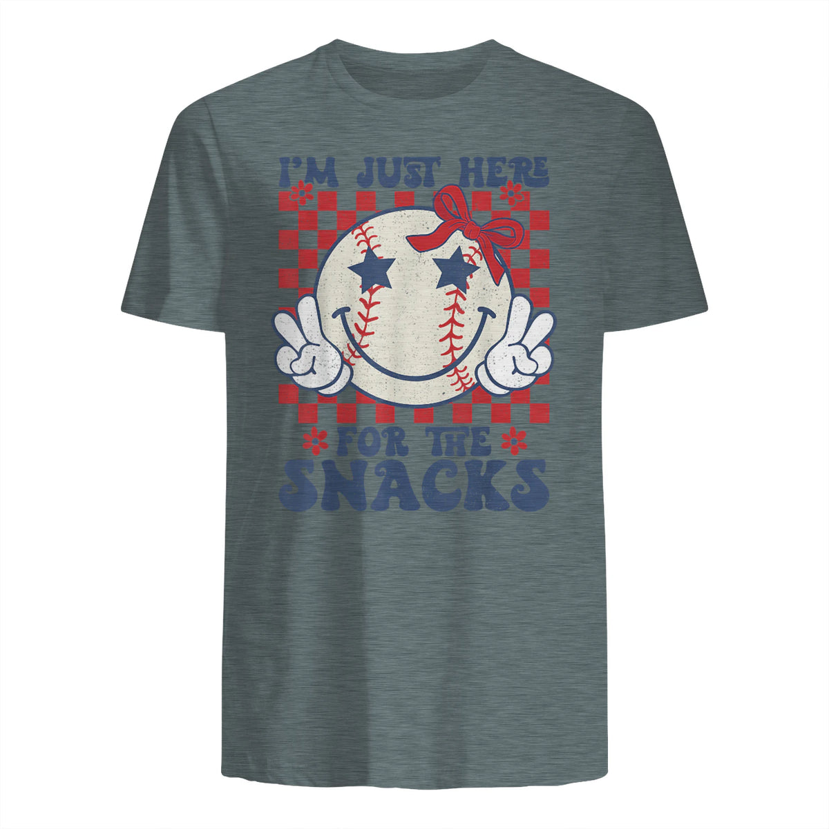 Retro Baseball Sister I'm Just Here for The Snacks Girls Mom T-Shirt in Dark Heather - back view