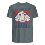 Retro Baseball Sister I'm Just Here for The Snacks Girls Mom T-Shirt in Dark Heather - back view