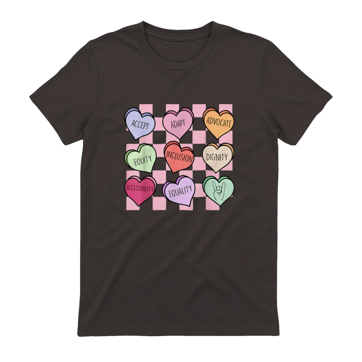 Special Education Teacher Candy Heart Valentines Day Love T-Shirt in Dark Chocolate - back view