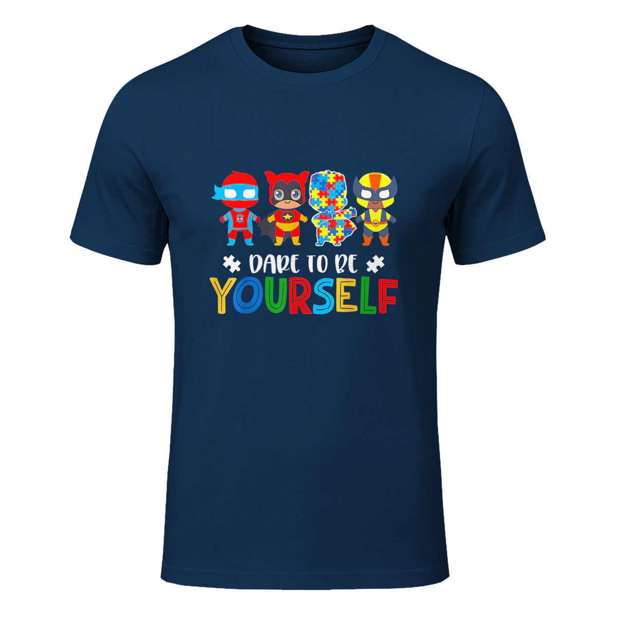Dare to Be Yourself Autism Awareness Superheroes in Navy - front view