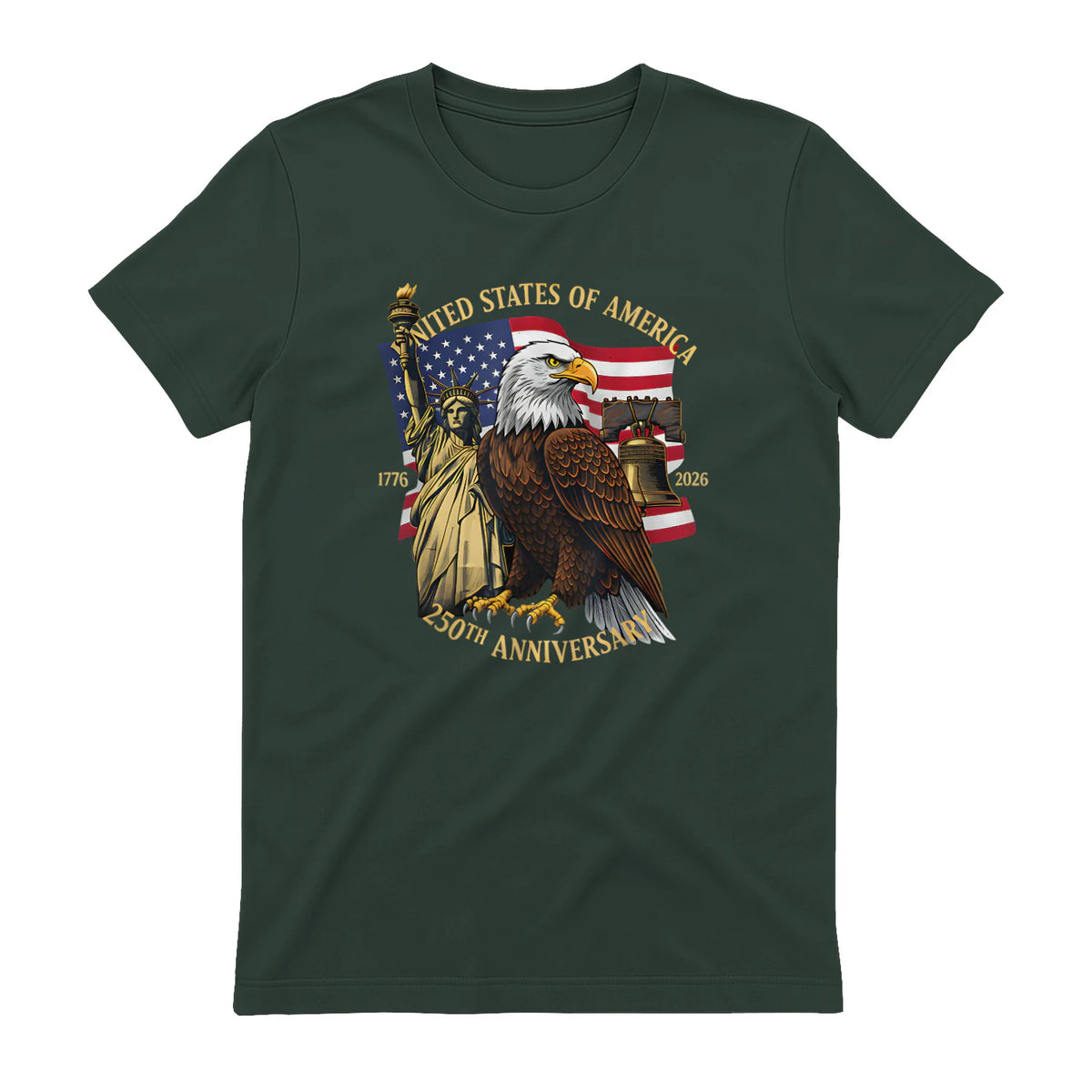 Patriotic Eagle Liberty Bell Anniversary T-Shirt in Forest Green - back view
