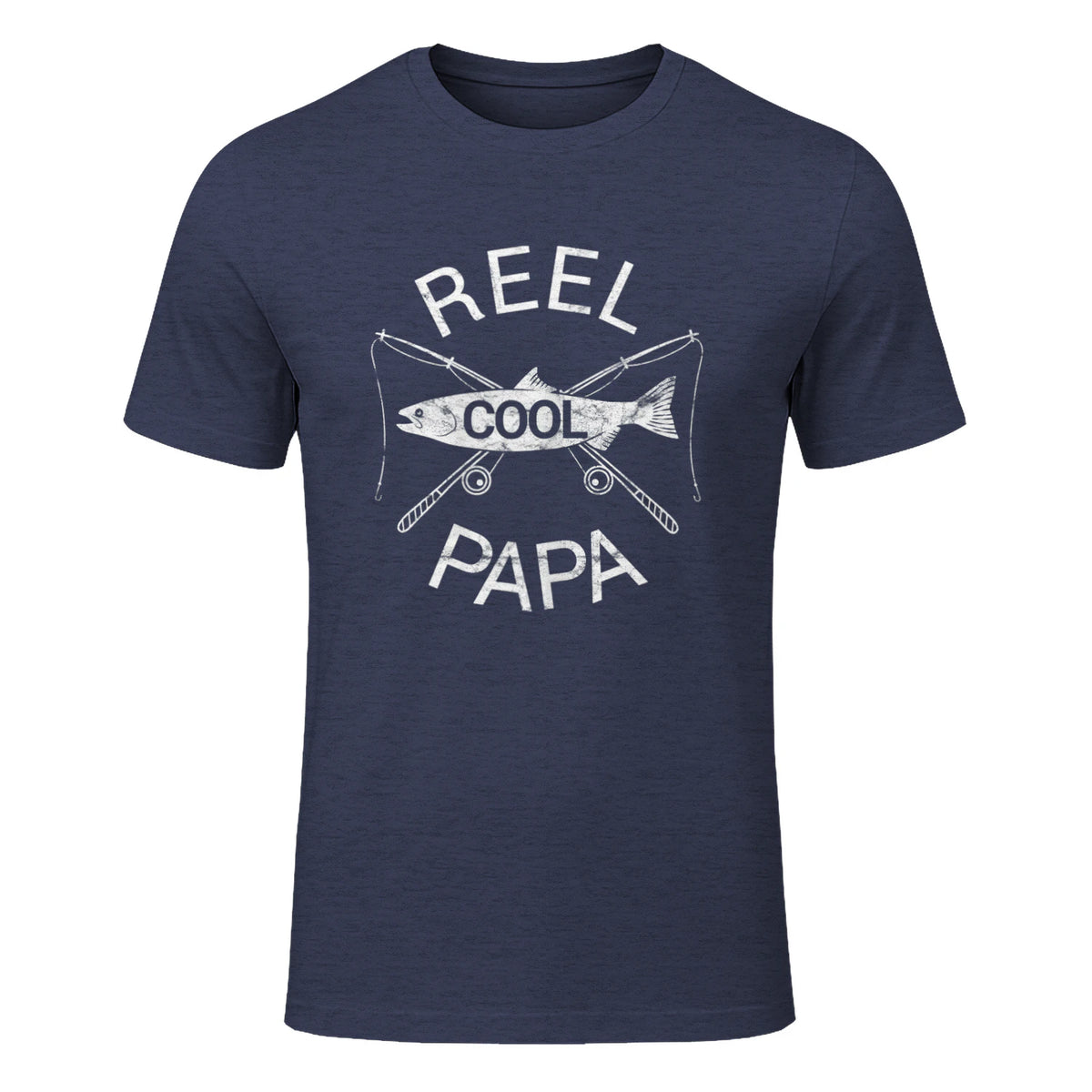 Funny Fishing Reel Cool Papa Dad Joke T-Shirt in Heather Navy - front view