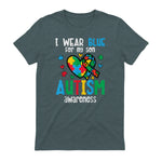 Autism Awareness Wear Blue for My Son ASD Mom Dad Men Women in Dark Heather - back view