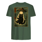 Vintage Japanese Cat Alien Cat Mom UFO Abduction Graphic T-Shirt in Military Green - back view