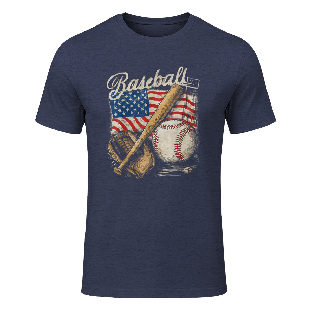 American Flag Baseball Player Bat Fan Catcher Pitcher USA T-Shirt in Heather Navy - front view