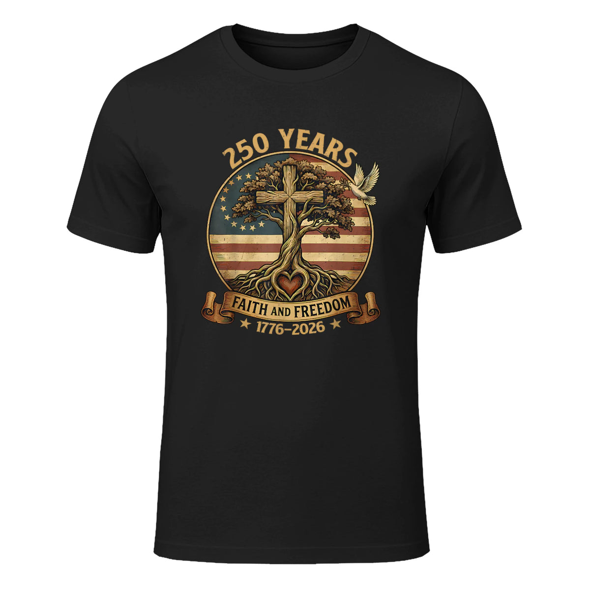 Faith and Freedom Christian USA Anniversary T-Shirt in Black - front view