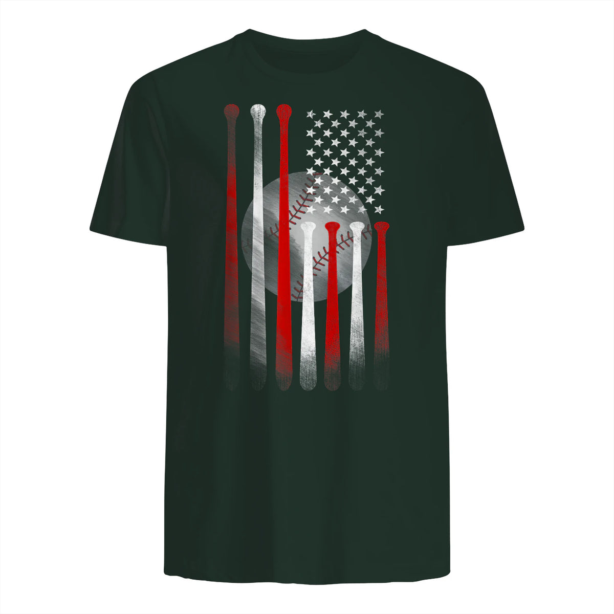 Vintage Baseball American Flag T-Shirt, Classic Fit Black Tee for Dad in Forest Green - back view