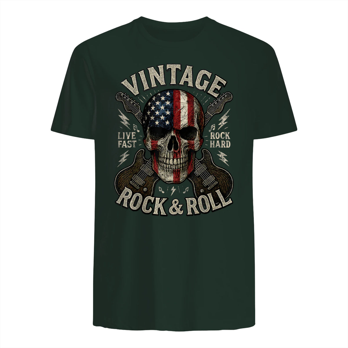 Vintage Rock Skull American Flag Guitar Retro Rock and Roll T-Shirt in Forest Green - back view