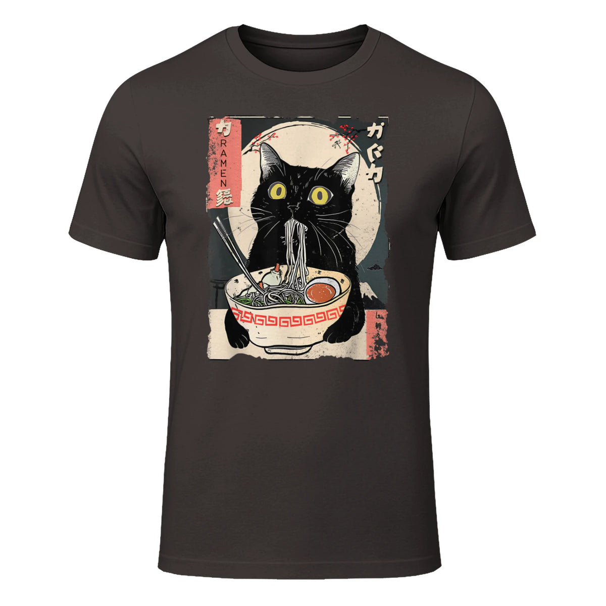Kawaii Cat Eating Ramen Noodles Funny Anime Gift Girls Teens T-Shirt in Dark Chocolate - front view