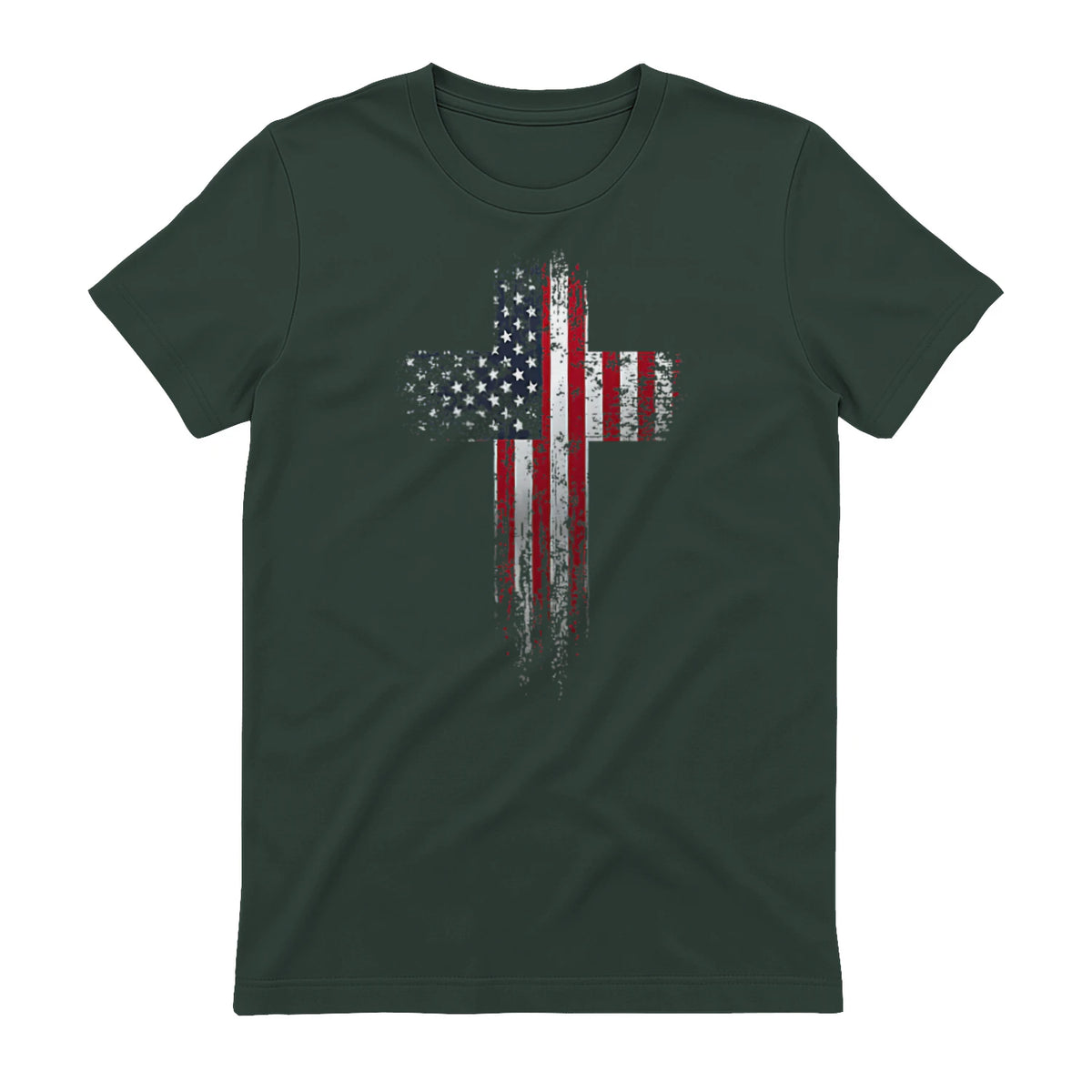 American USA Flag Christian Cross T-Shirt in Forest Green - back view