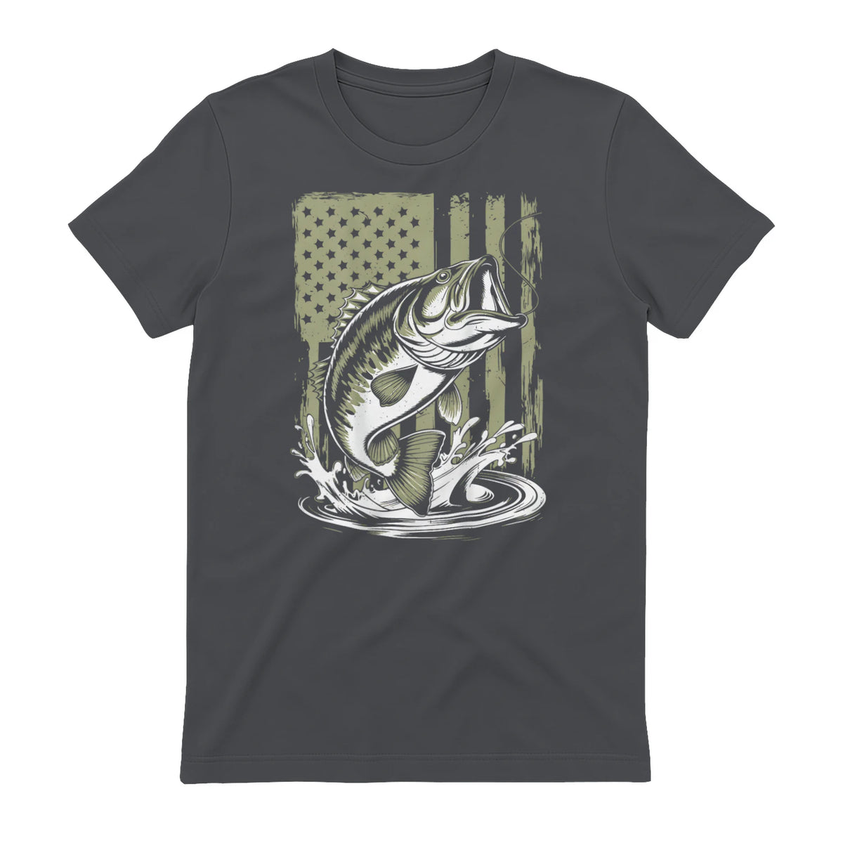 Fishing Camo Bass Fish American Flag Men's Fisherman Gift T-Shirt in Charcoal - back view
