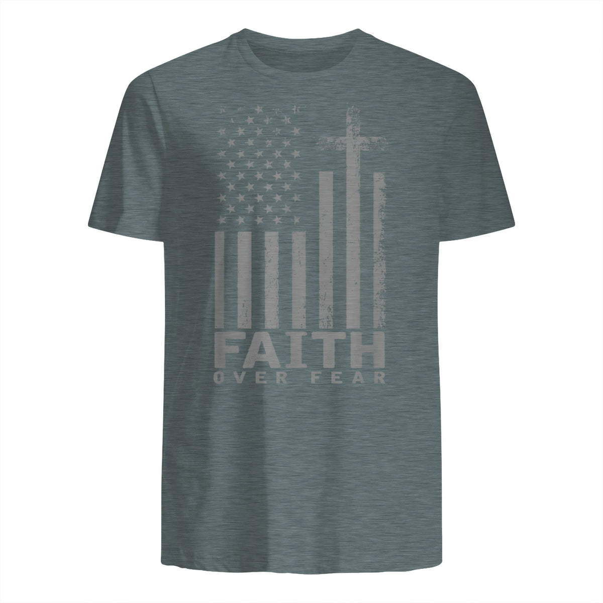America Pride US Flag Faith Over Fear Prayer T-Shirt in Dark Heather - back view