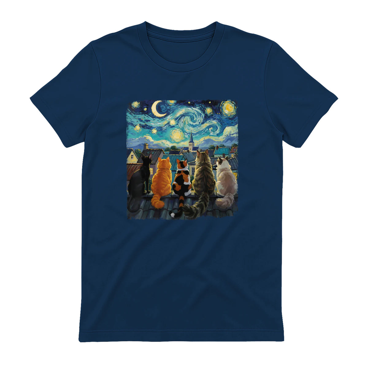 Funny Cat Starry Night Van Gogh Cats Rooftop Scene Feline T-Shirt in Navy - back view