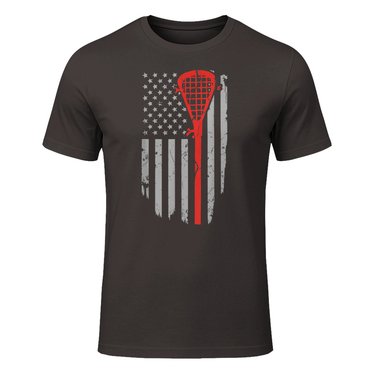 Vintage American Flag Lacrosse Youth Apparel, Boys Men USA T-Shirt in Dark Chocolate - front view
