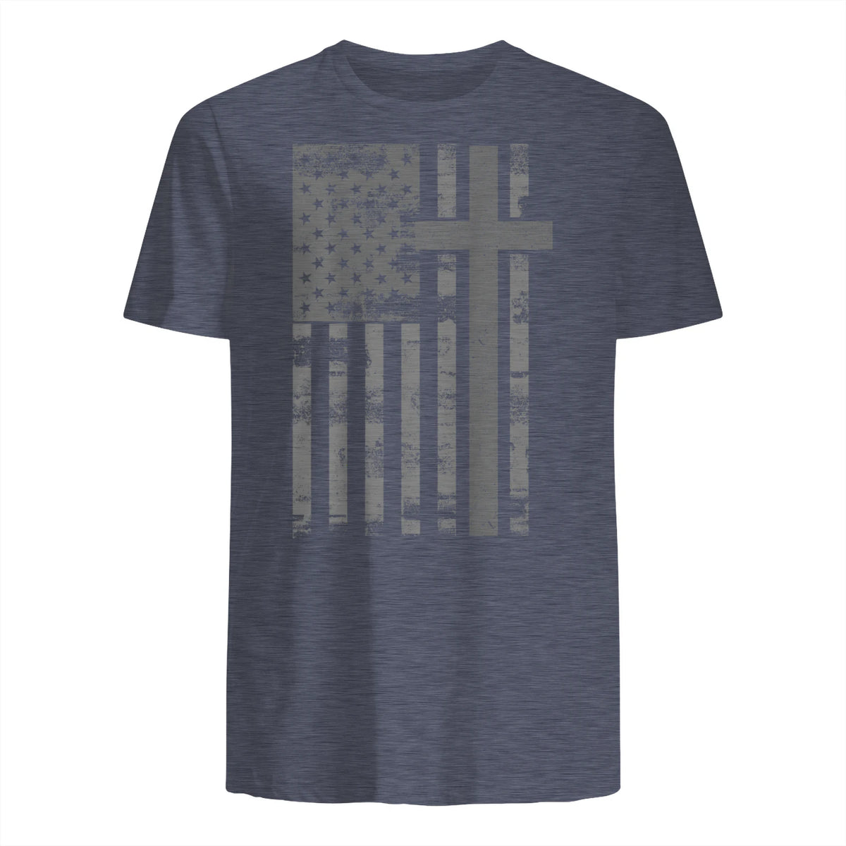 (Art) American Flag Christian Faith Cross Patriotic T-Shirt in Heather Navy - back view