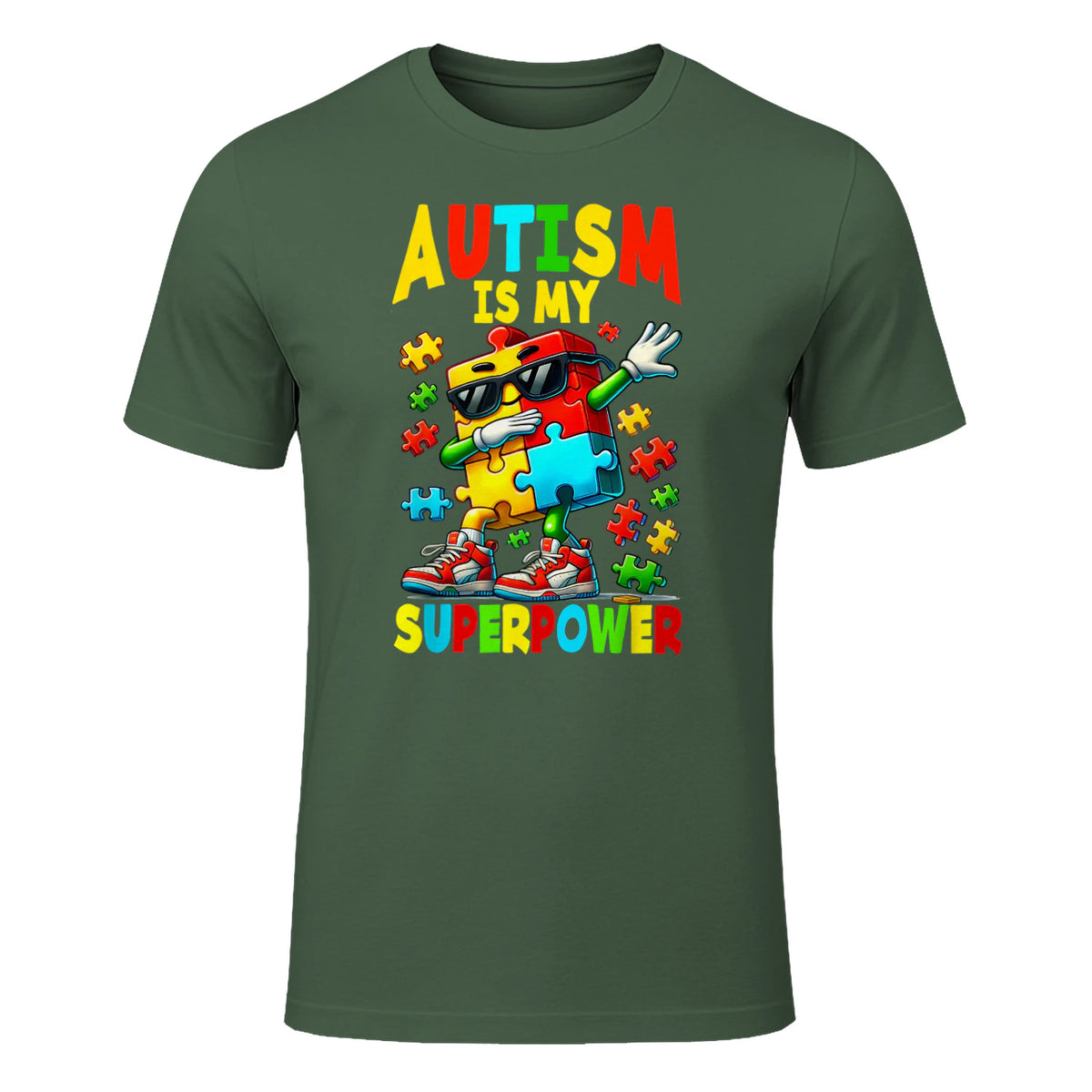 Puzzle Autism Awareness Autistic Support in Military Green - front view