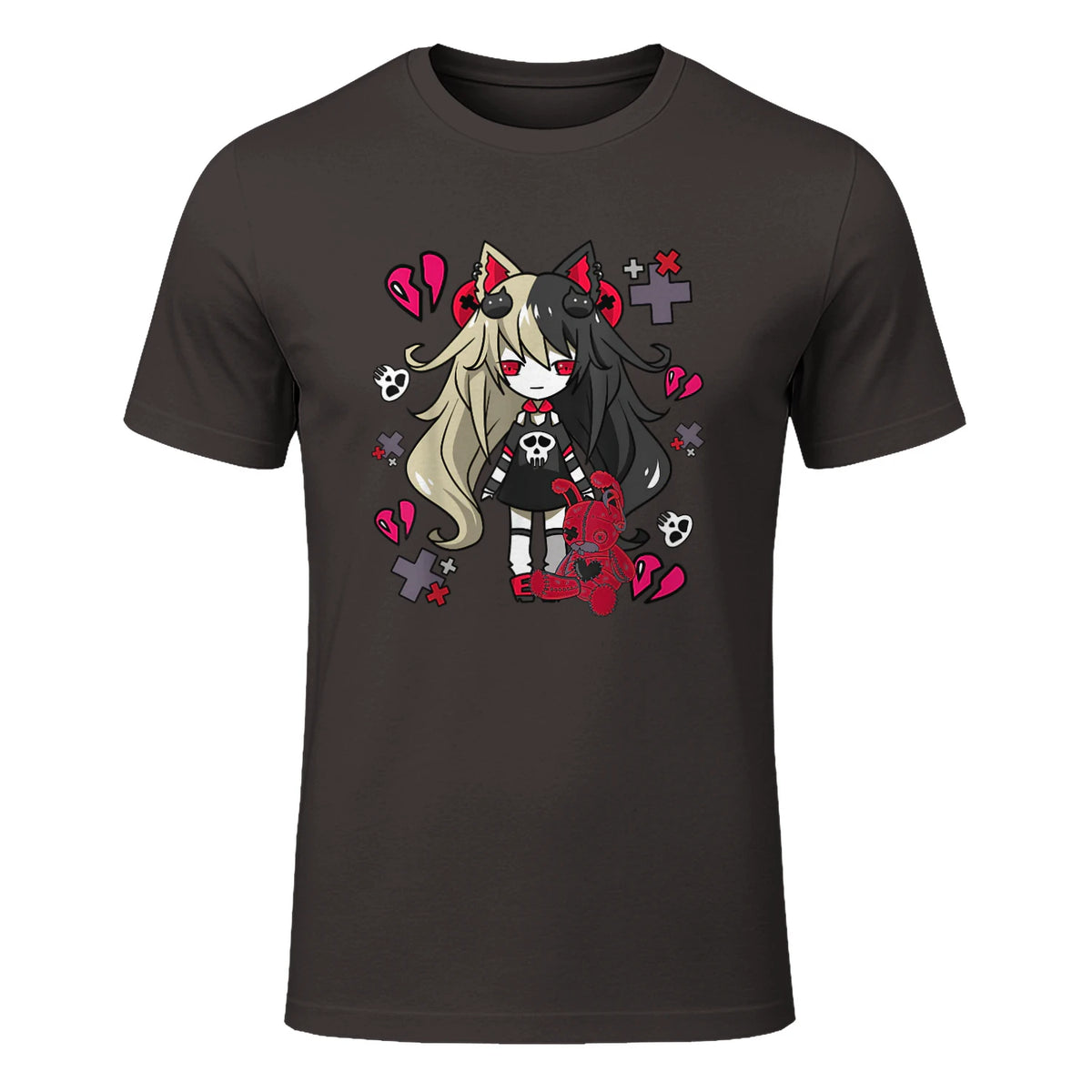 Chibi Kawaii Emo Pastel Goth Girl with Sad Bunny in Dark Chocolate - front view