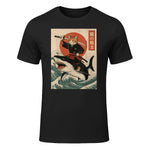 Vintage Anime Cat Japanese Funny Samurai Cat Riding Shark T-Shirt in Black - front view
