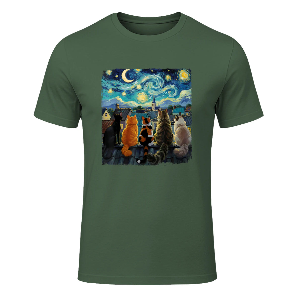 Funny Cat Starry Night Van Gogh Cats Rooftop Scene Feline T-Shirt in Military Green - front view